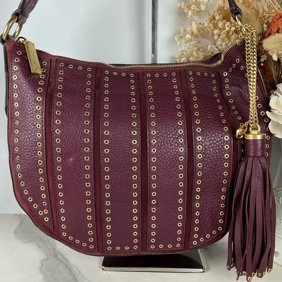 MICHAEL Michael Kors Brooklyn Plum Burgundy Studded Grommet Hobo Shoulder Bag - Picture 4 of 16